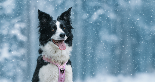 Black and white Border Collie sitting in falling snow during winter, photographed at dog-eye level, wearing a pink Woof & Snout Explor-Air harness