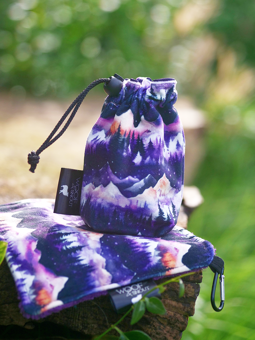 daybreak dog treat bag and matching adventure cloth purple mountain pattern set