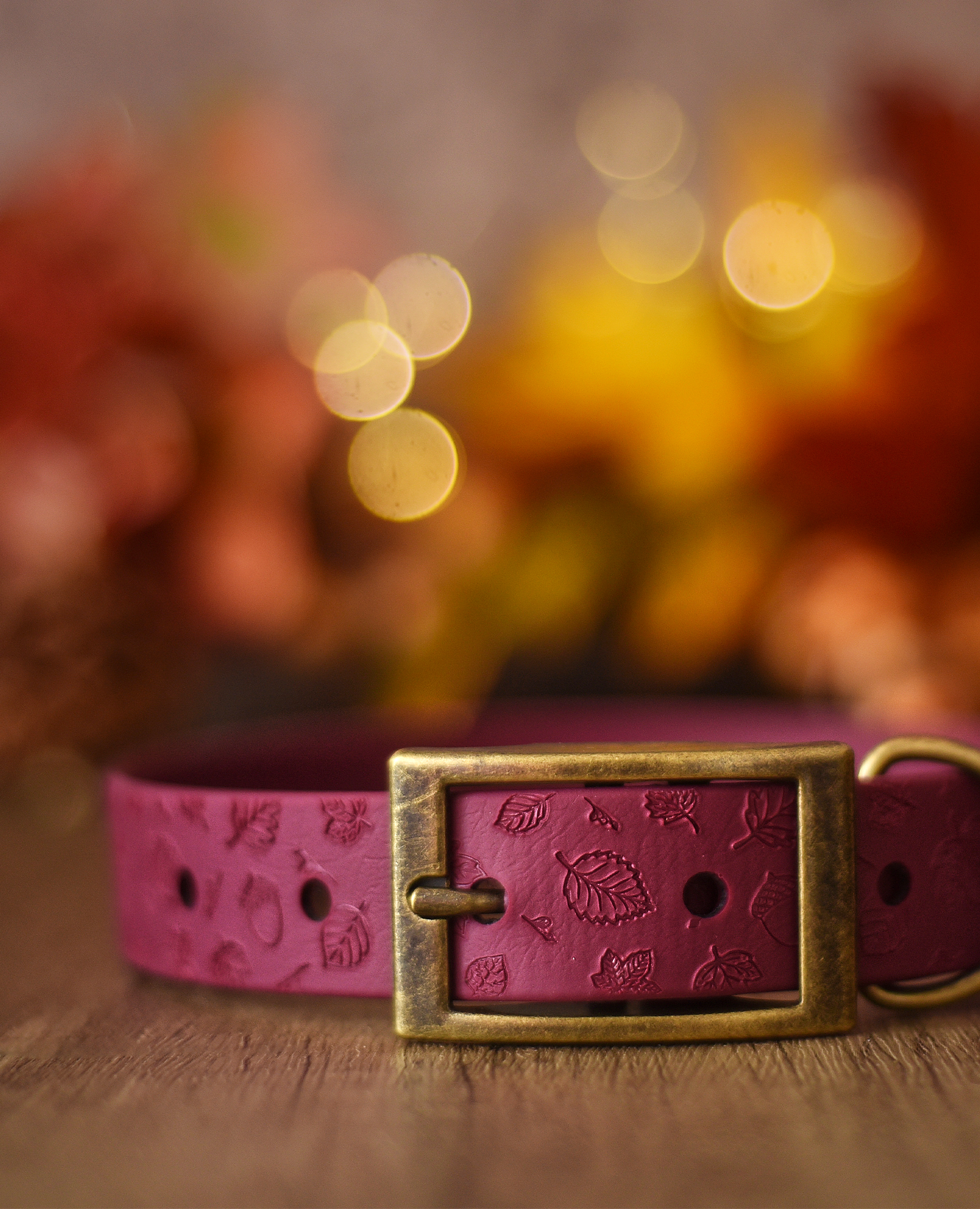 Embossed autumn dog collar featuring a falling leaves design in deep merlot, photographed on a wooden surface