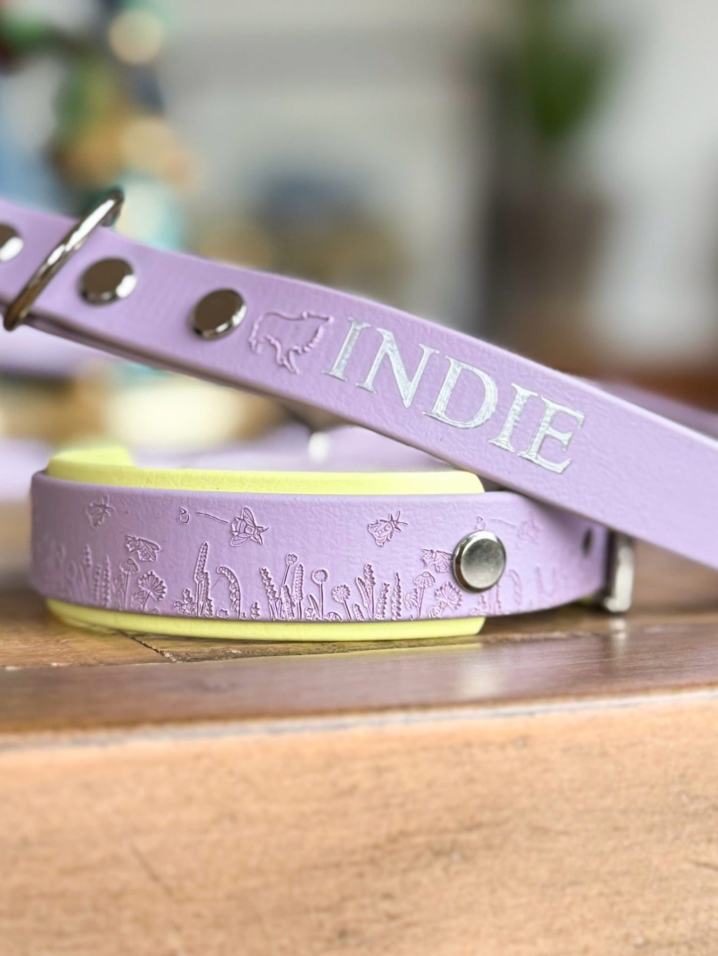 Lilac bee and wildflower dog collar with yellow backing personalised with dog name