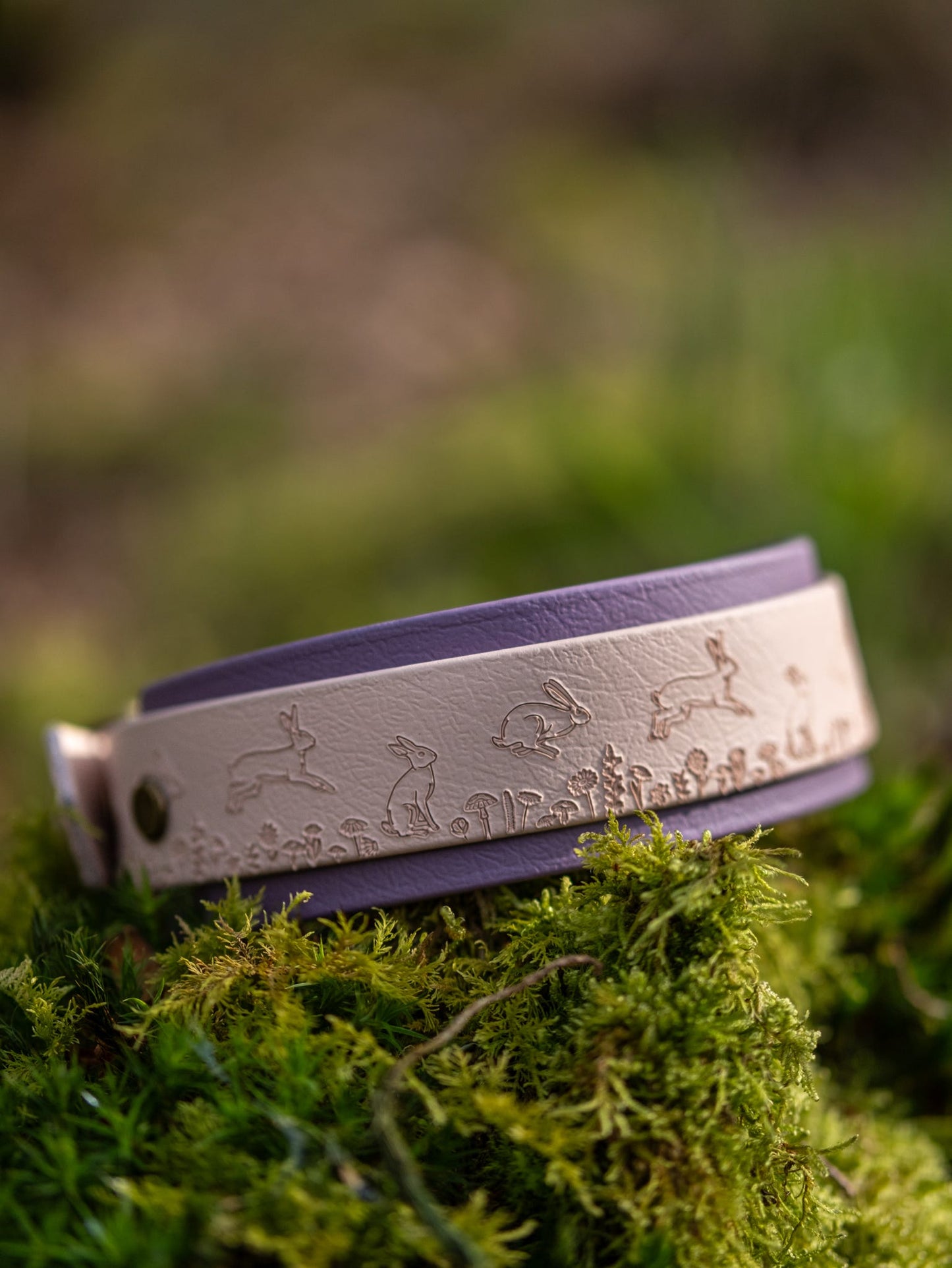 Embossed Wild Hare dog collar close-up showing countryside wildlife pattern

