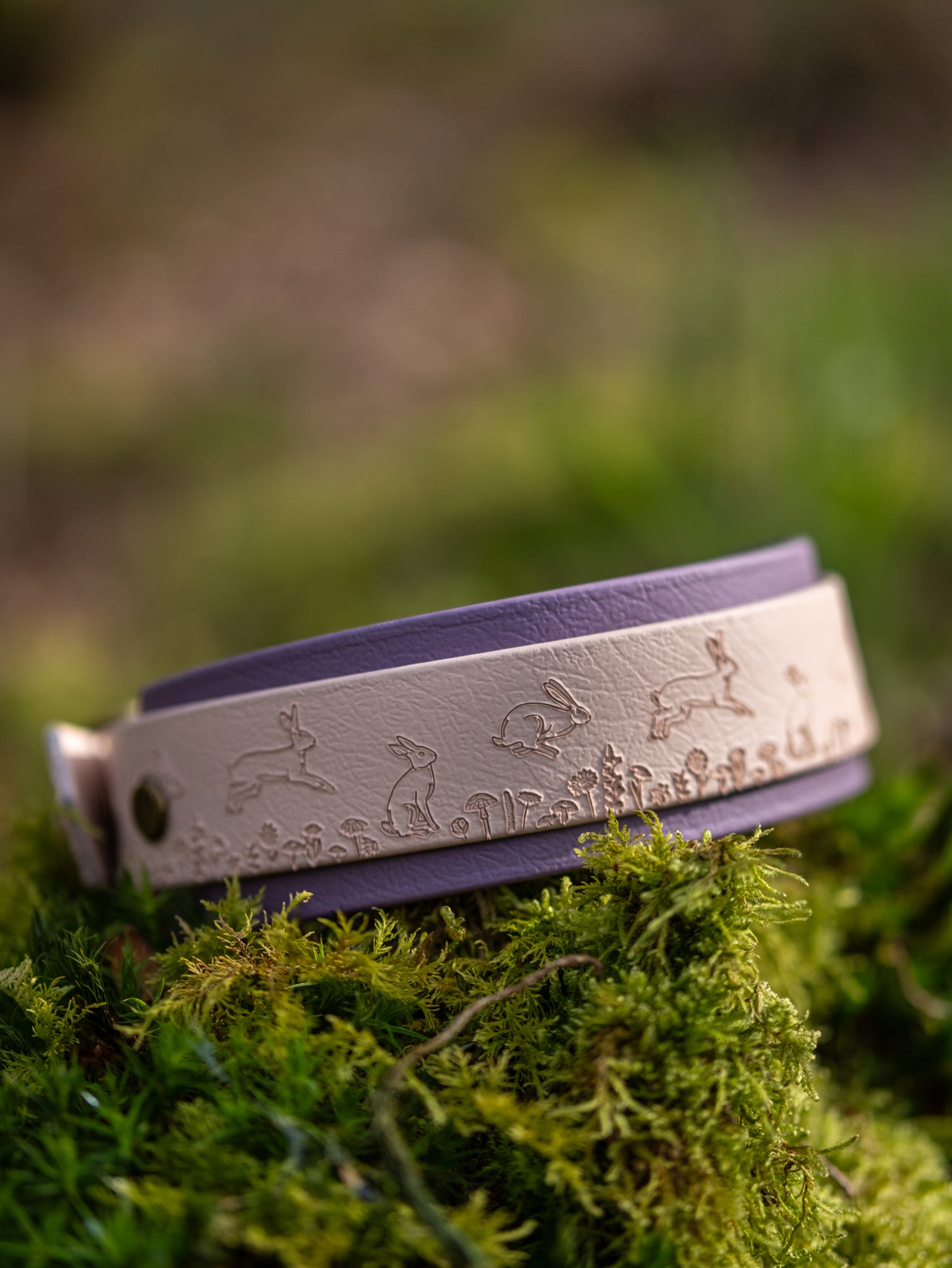 Embossed Wild Hare dog collar close-up showing countryside wildlife pattern
