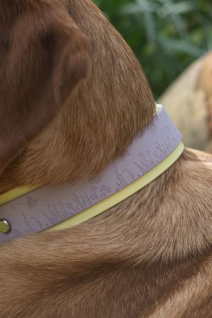 Close up of lilac dog collar with embossed bee and wildflower pattern