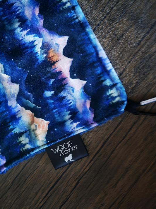 blue dog walking towel with carabiner clip handmade dog adventure cloth