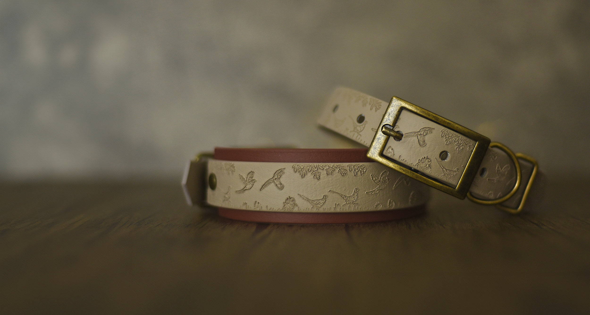 Woof & Snout country collection dog collar with pheasant embossing, handcrafted biothane collar with antique gold hardware