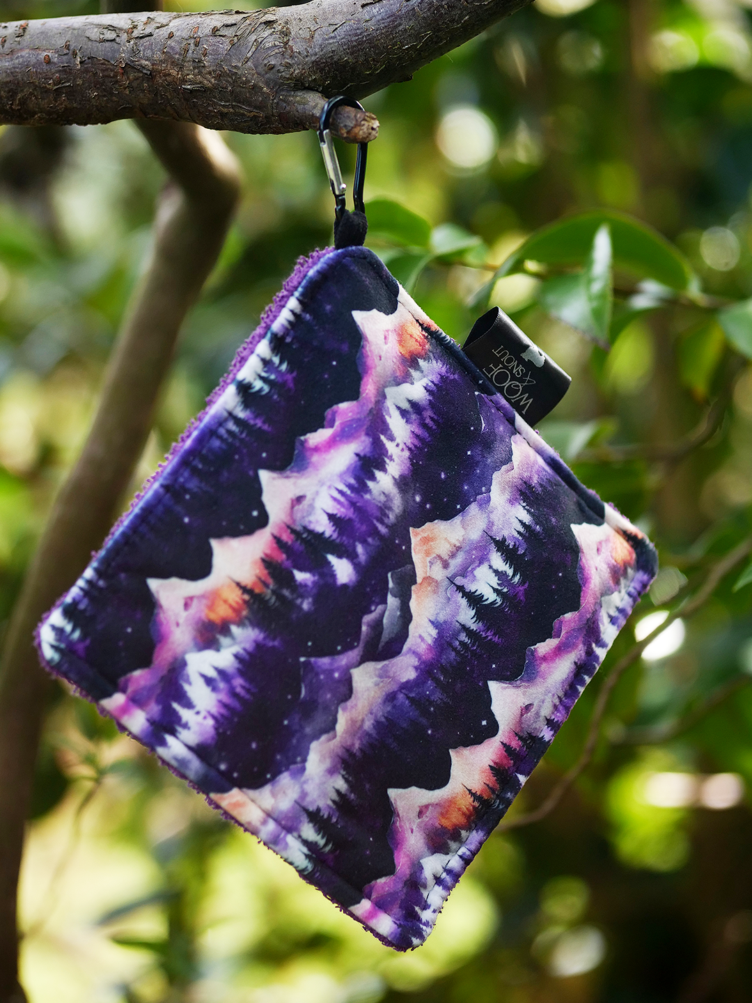 daybreak dog adventure cloth purple mountain pattern hanging from tree branch outdoor