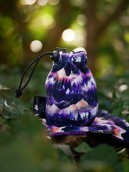 daybreak dog treat bag and matching adventure cloth purple mountain pattern set