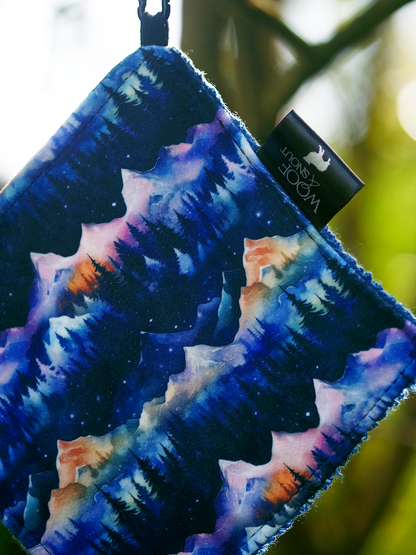 nightfall dog adventure cloth blue mountain pattern hanging from tree branch